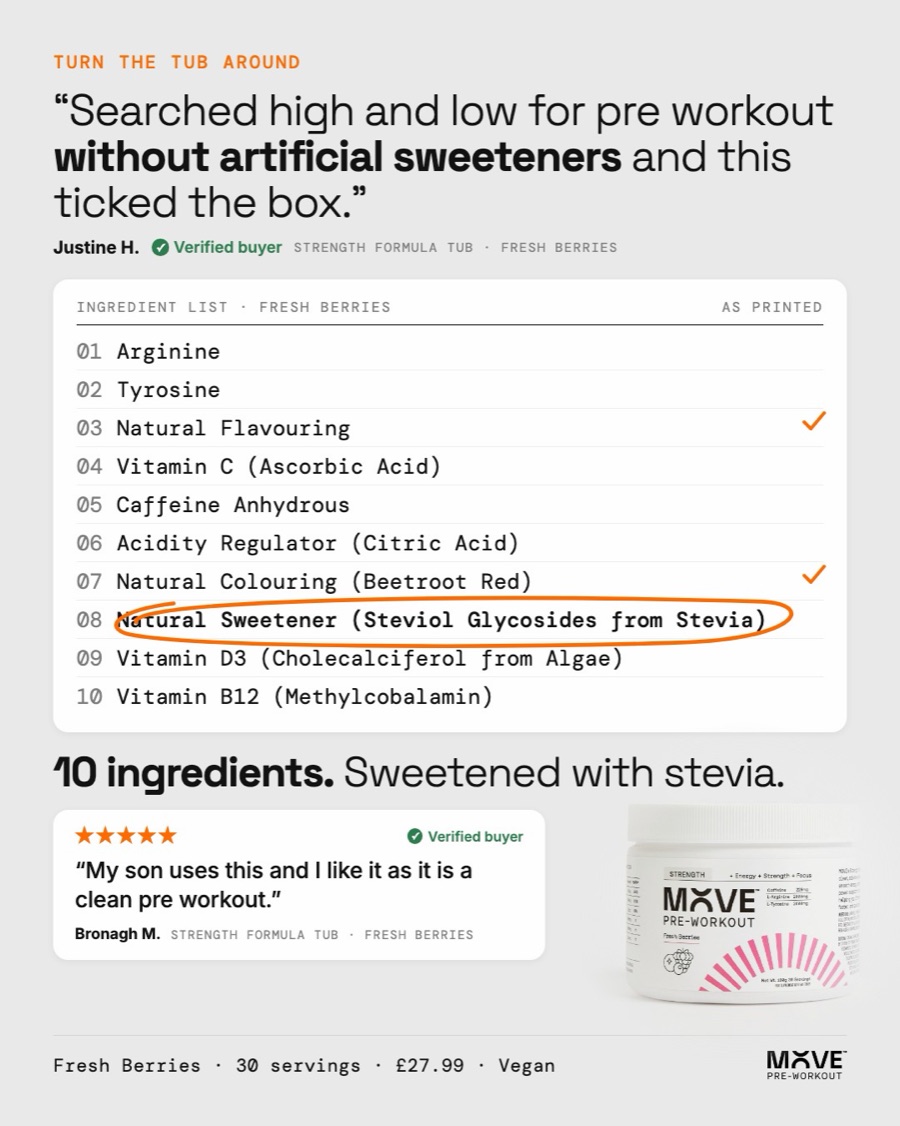 Ingredient list static: 10 ingredients, sweetened with stevia